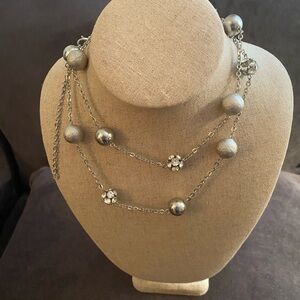 Silver Tone Necklace W/Silver Beads. 30” L. 4” Extender
